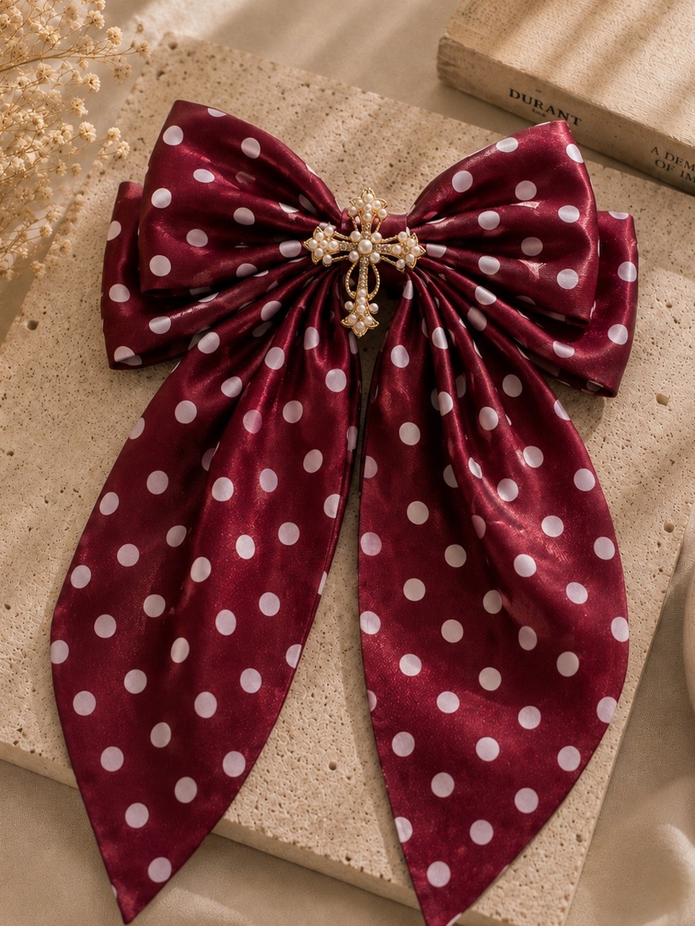 Polka Dot Burgundy Bow Hair Clip with Pearl Cross Center